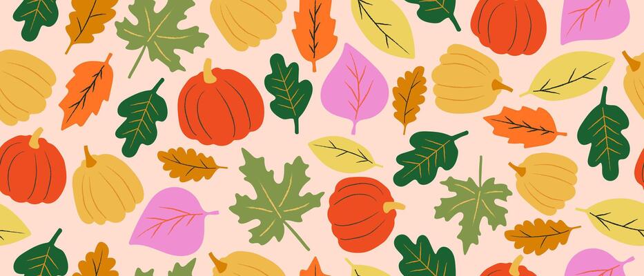 Autumn seamless pattern with bright autumn leaves and pumpkins.