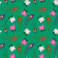 indian motif festive seamless pattern emerald background with peacock feathers and lotus flowers celebrations ornate krishna janmashtami endless backdrop vector