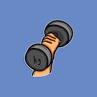 A detailed drawing of a hand gripping a dumbbell with 'kg' marking, symbolizing strength, training, fitness, and athleticism, placed on a vibrant blue background to emphasize energy and focus. vector