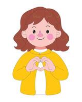 Cute cartoon girl smiling with both hands forming a heart shape. Kawaii style character with pink cheeks and yellow outfit in flat art, perfect for love and kindness concepts. vector