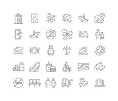 Airport and Airline Service Icon Collection Featuring Flights Baggage Terminals Passengers and Transit in Thin Line Editable Style vector
