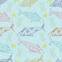 Seamless pattern with fish and seaweed. vector