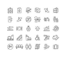 Outline Icon Set Representing Airport Transportation Flight Checkin Boarding Baggage Security Terminal Facilities and Travel Process vector