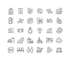 Thin Line Airport Icon Collection Featuring Travel Airplane Luggage Terminal Navigation Boarding Security and Passenger Symbol Elements vector