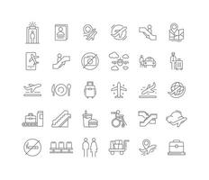 Editable Stroke Thin Line Icons of Airport Journey Including Departure Arrival Passport Luggage Transport Security and Terminal Elements vector