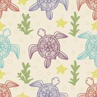 Seamless pattern with turtles and seaweed. vector