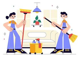 Illustration of Professional Home Cleaning Workers Performing Multiple Tasks in Cartoon Style vector