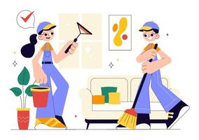 Illustration of Home Cleaning Services with Workers Sweeping, Mopping, and Cleaning Windows in Flat Cartoon Style vector