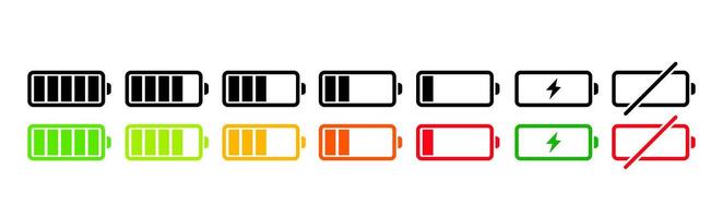 Battery icon set. low to full battery level status indicator with charging symbol for mobile app, ui, and other design vector