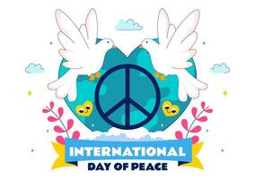 Flat Style International Peace Day Illustration with a Dove, Planet Earth, and Hopeful Sky vector