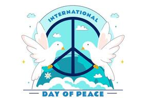 Peace Day Celebration Art Featuring Globe, Flying Pigeon, and People's Hands Reaching for Unity in a Flat Background vector