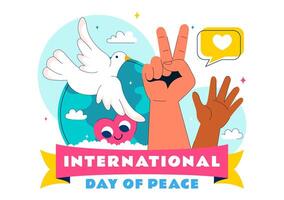 Illustration for International Day of Peace with Hands, Globe, Dove, and Blue Sky Elements in Flat Design vector