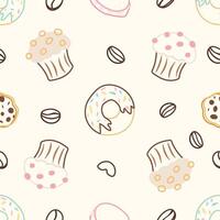Seamless pattern with donuts, cupcakes and coffee beans vector