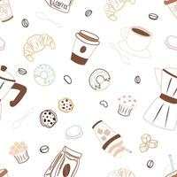 Seamless coffee shop pattern with colored outline elements vector