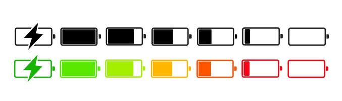 Battery level icon set showing charging progress from low to full with red, orange, and green indicators. Flat design, ideal for UI, mobile apps vector