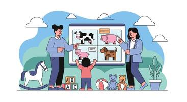 A family is looking at a screen with animals on it vector