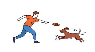 A man is throwing a frisbee to a dog vector