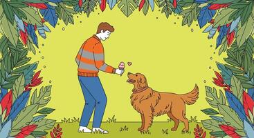 A man and his dog are standing in a frame with leaves vector
