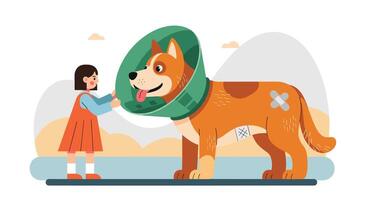 A girl is petting a dog with a cone on its head vector