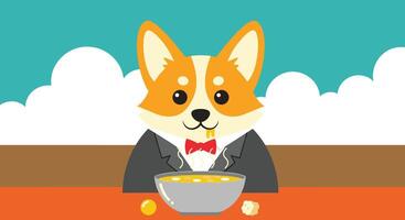 A cartoon dog in a suit and bow tie eating a bowl of soup vector