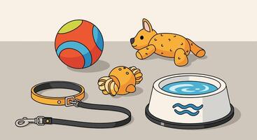 A dog's basket with a toy, a leash, and a bowl vector