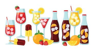 Various drinks and ice cream in glasses and ice cream vector