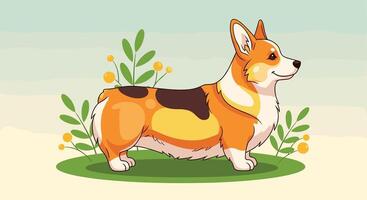 A cartoon dog standing in the grass with flowers vector