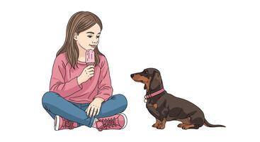 A girl is sitting on the ground with a dog vector