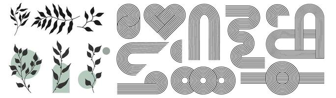 Zen arch, simple line arch, botanical elements and geometric shapes. Geometric Japanese zen pattern minimal elements. Boho style strips. vector