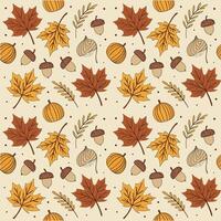 Seamless Autumn Pattern with Maple Leaves, Acorns, and Pumpkins in Earthy Fall Colours vector