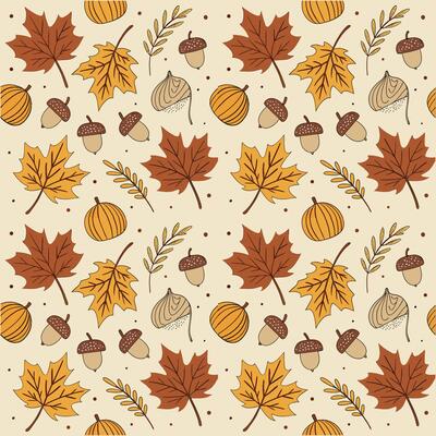 Seamless Autumn Pattern with Maple Leaves, Acorns, and Pumpkins in Earthy Fall Colours