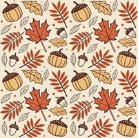 Hand-Drawn Autumn Harvest Seamless Pattern Featuring Acorns, Pumpkins, and Forest Foliage on Cream Background vector