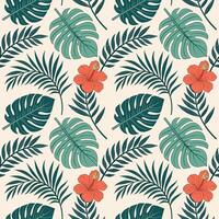Tropical Seamless Pattern with Monstera and Palm Leaves in Green and Teal with Hibiscus Flowers vector