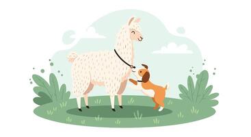 A heartwarming tale of friendship between a fluffy llama and a playful dog vector