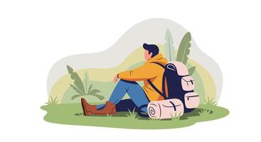 Adventure and Serenity A Solitary Backpacker Taking a Break in the Wilderness vector