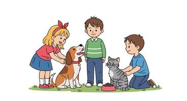 Children Playing with Friendly Dog and Cat on Sunny Day in the Park vector