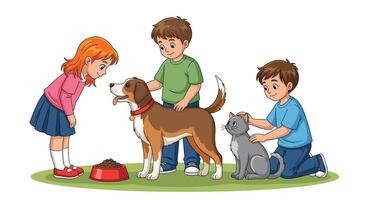 Children Interact with Beloved Pets A Joyful Scene of Affection and Friendship vector