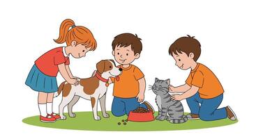 Children Play With a Dog and a Cat While Feeding Them Together Outside vector