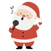 Cute Santa Claus singing into a microphone. Flat illustration on white background in simple child style vector