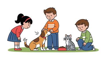 Children and Pets A Happy Encounter with a Dog and a Cat Present vector