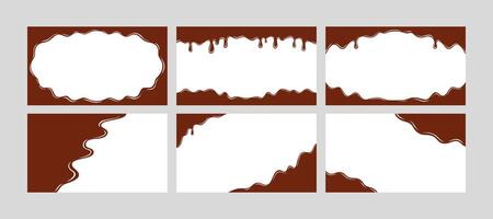 Melted chocolate liquid drips borders on white background set. Sweet chocolate cream or syrup flowing frames collection. Dripping chocolates isolated pack. Spilled, drop, leak. illustration vector
