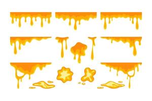 Melted syrup honey drip liquid set. Melting cheese drips element pack. Set of yellow syrup liquid, melted sauce flowing illustration. Spilled, drop, leak, splash, slime for food drink products vector