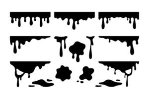 Black dripping slime silhouette set. Melting ink or paint drip black illustration collection. Set of dark liquid drip border decoration element pack. Spill, drop, leak, splash, flow, blob vector