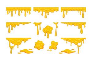 Melted Honey drip liquid set. Melting cheese drips element pack. Set of yellow syrup liquid, melted sauce flowing illustration. Spilled, drop, leak, splash, slime for food and drink products vector