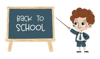 Flat illustration in a simple childish style. Cute boy in school uniform holding a pointer next to a blackboard, captioned back to school vector