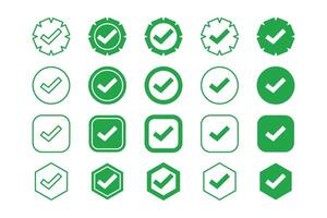 Checkmark green icon button set. Check with frame badge mark approved symbol collection. Green checkbox illustration bundle. Quality guarantee with checkmark icon sign symbol. vector