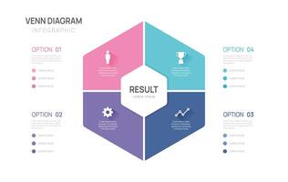 Venn diagram infographic chart template for business 4 options presentation with icon elements illustration. vector