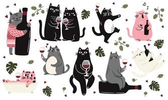 Cute Scandinavian style cats with a glass and a bottle of wine, singing and taking a bath monstera leaves and green plants. Flat illustrations on white background vector
