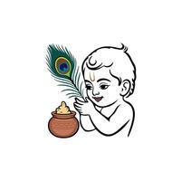 Charming design displaying a joyful baby Krishna holding a peacock feather and a pot filled with butter. Perfect for Janmashtami cultural, traditional, and festive themes and symbols vector