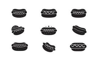 unique black hot dog icons in different styles and configurations, perfect for menus, infographics, or promotional designs involving fast food, snacks, and minimal art concepts. vector